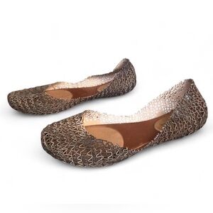 Melissa Women's Campana Papel Jelly Ballet Flats Woven Metallic Rose Gold Size 9